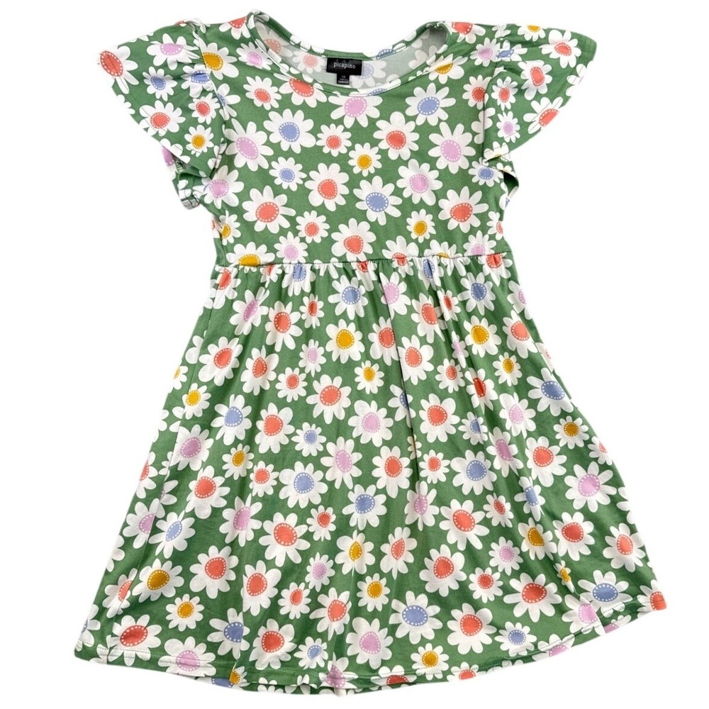 Picapino Girls Green Daisy Floral Flutter Sleeve Dress Size 10 Kids Multi Color